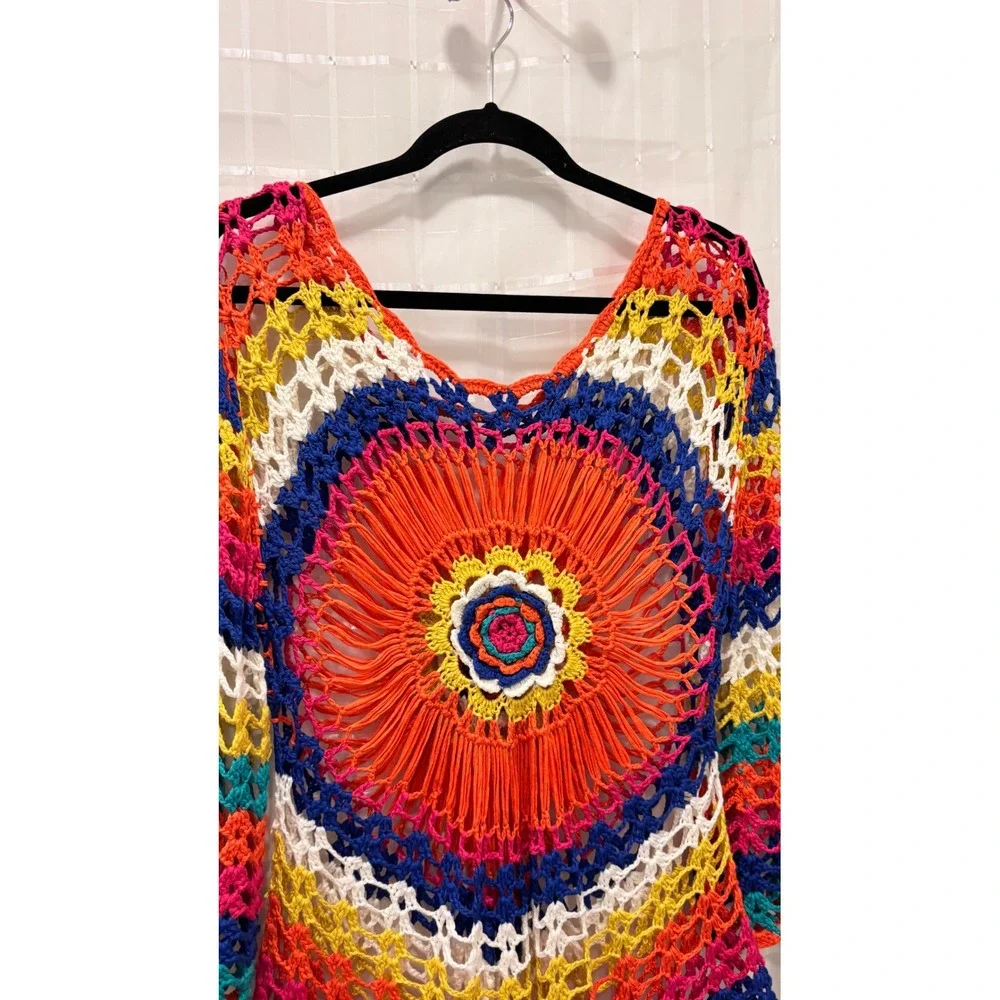 Rainbow Crochet Sunburst Mandala Top Boho Festival Long Sleeve Multi Color